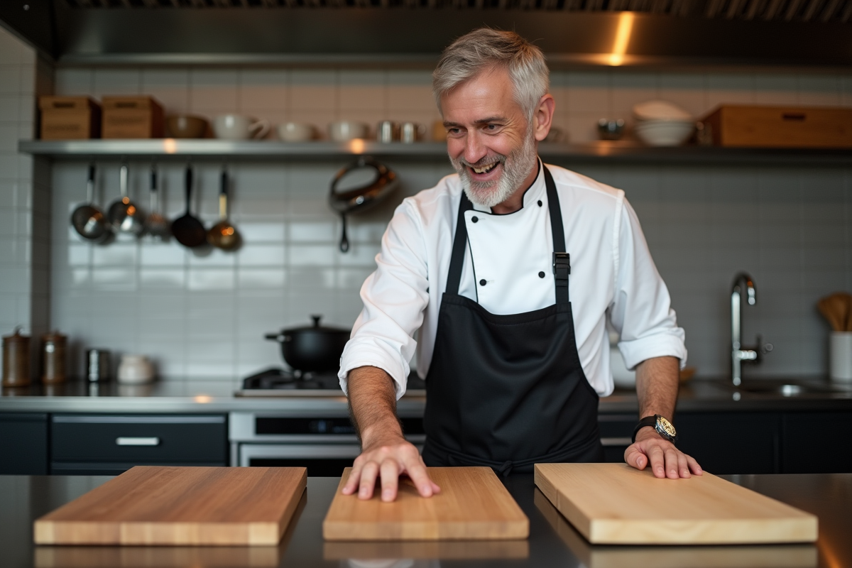 Chef en cuisine professionnelle inspectant des planches en bois et plastique