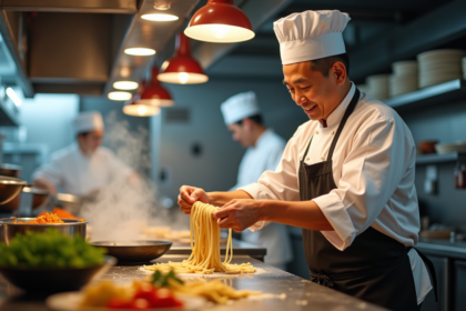Chef chinois préparant des pâtes faites à la main dans une cuisine animée