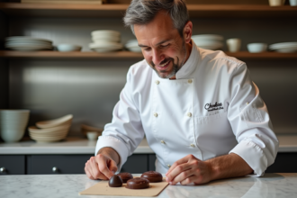 Chef pâtissier en action avec entremets chocolaté à Paris