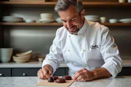 Chef pâtissier en action avec entremets chocolaté à Paris
