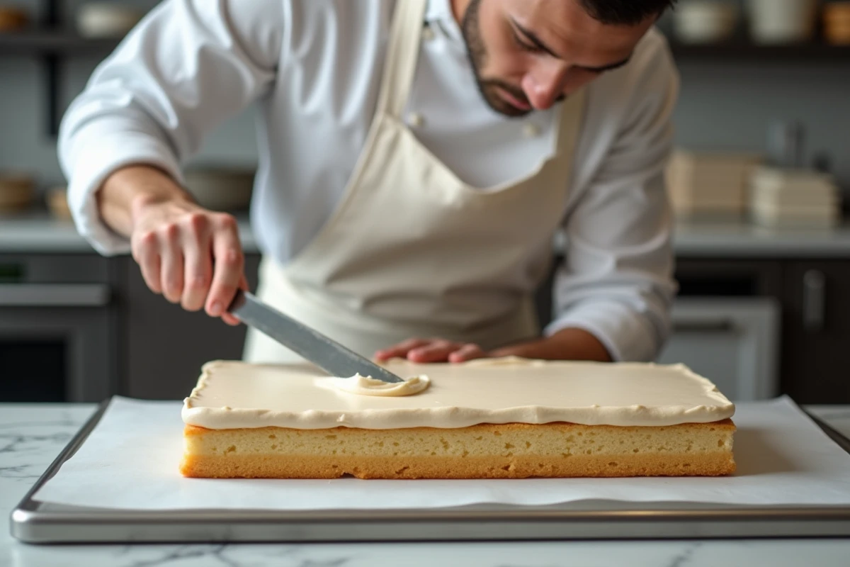 Chef pâtissier étalant une couche de crème au beurre au café sur un biscuit joconde pour la réalisation d'un gâteau opéra
