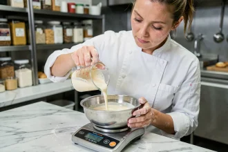 Cheffe pâtissière versant de la crème dans une balance de cuisine pour convertir des centilitres en grammes