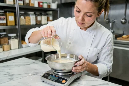 Cheffe pâtissière versant de la crème dans une balance de cuisine pour convertir des centilitres en grammes
