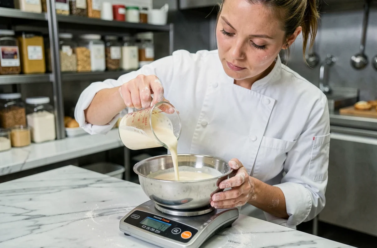 Cheffe pâtissière versant de la crème dans une balance de cuisine pour convertir des centilitres en grammes