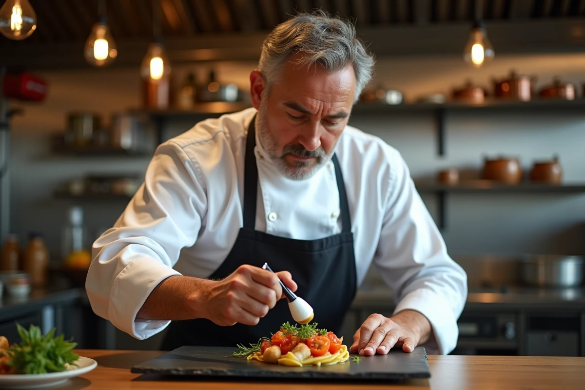 Chef cuisinier en train de dresser un plat gastronomique dans la cuisine du restaurant Philippe Etchebest à Marseille