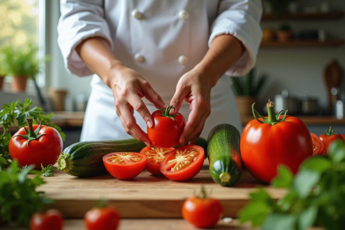 Chef arrangeant des zucchinis et tomates frais dans une cuisine lumineuse