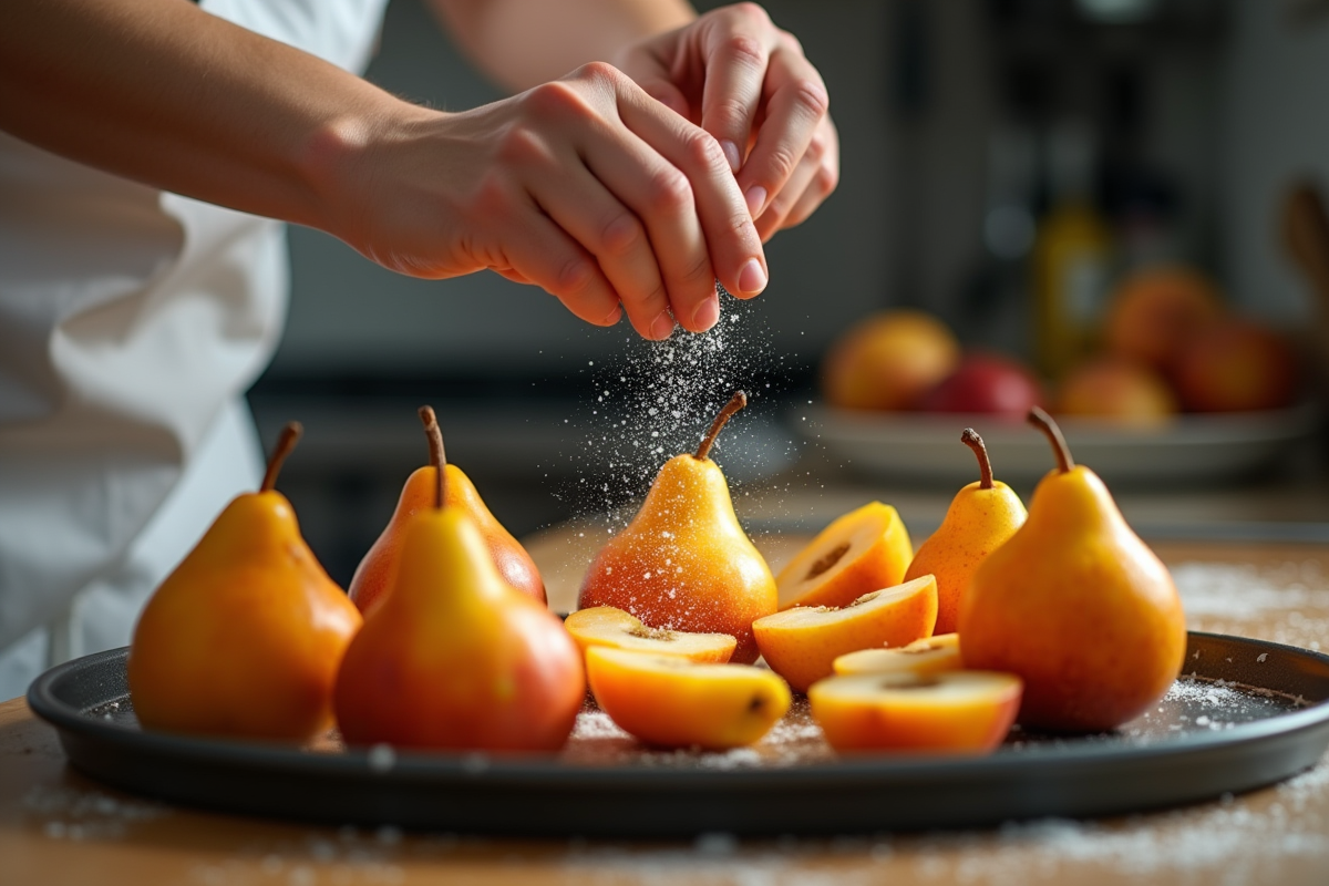 Chef saupoudrant sel sur fruits nectarines et nashi