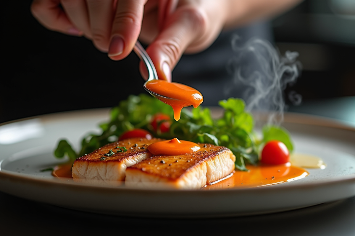 Chef versant une sauce sur un filet de poisson avec accompagnements