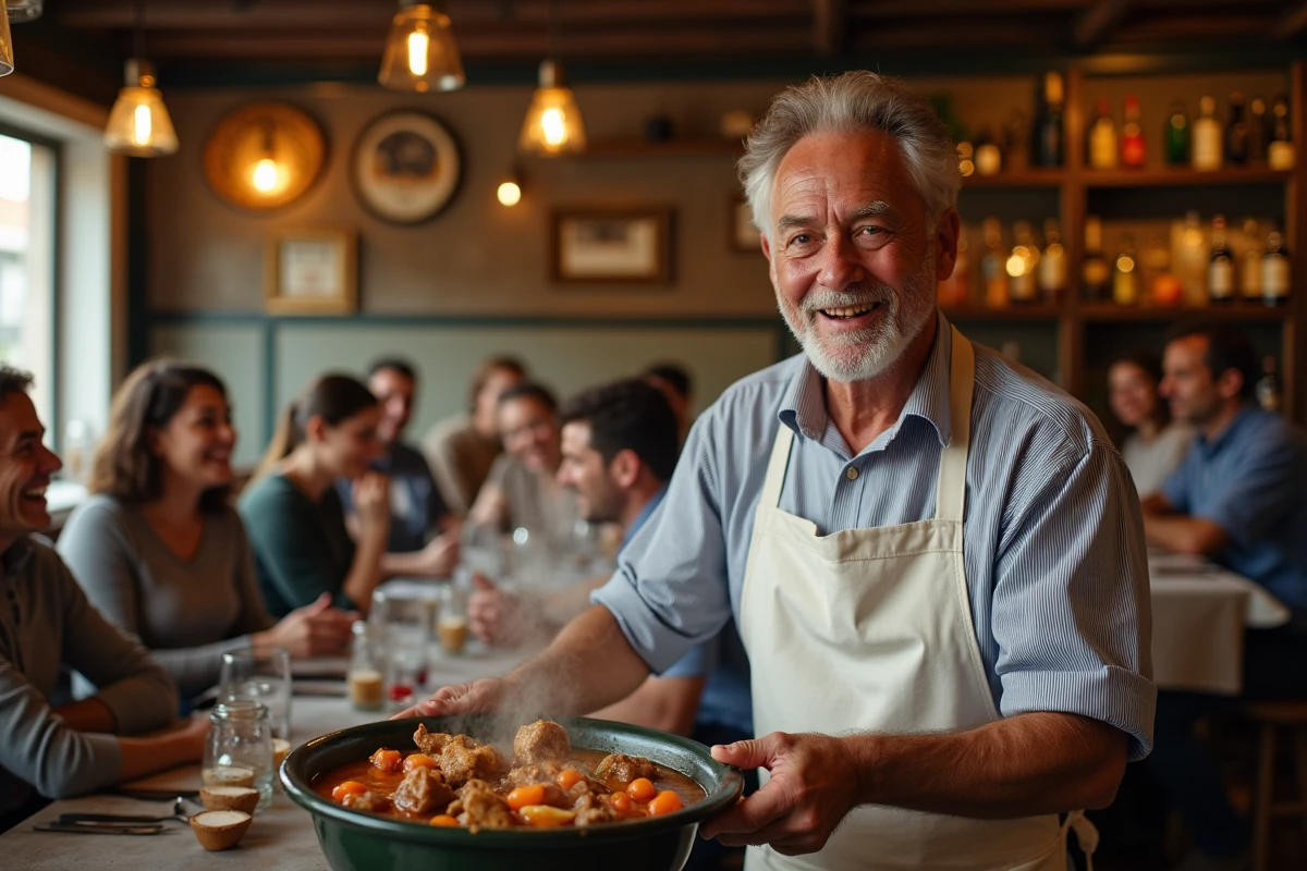 Chef lyonnais servant un plat de tripes dans un bouchon traditionnel