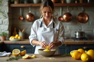 Cheffe cuisinière zestant un citron jaune brillant au-dessus d'un bol de lemon curd dans une cuisine rustique en pierre