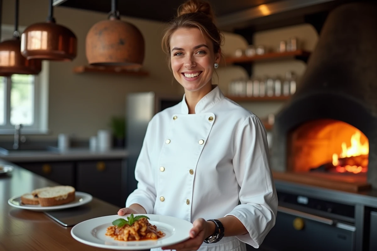 Cheffe cuisinière du restaurant Luci à Argenteuil présentant un plat fait maison dans la cuisine ouverte