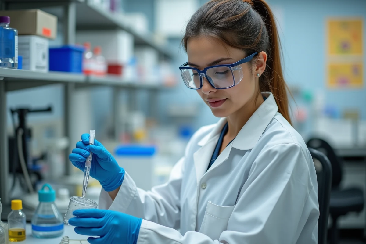 Chercheuse biomedicale en laboratoire avec pipettes et fioles