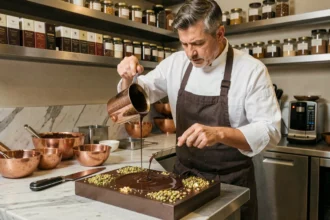 Chocolatier professionnel tempérant du chocolat noir pour une recette inspirée de la chocolaterie de Dubaï avec pistaches et feuilles d'or