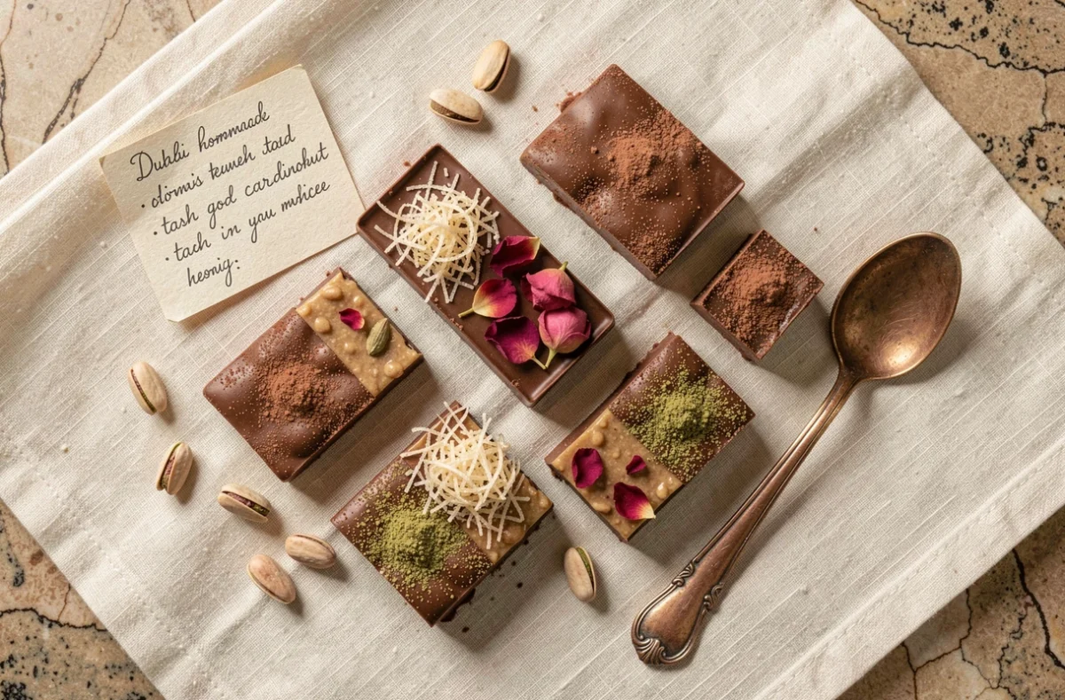 Assortiment de chocolats maison inspirés de Dubaï avec kataifi, pistaches, cardamome et pétales de rose sur nappe en lin