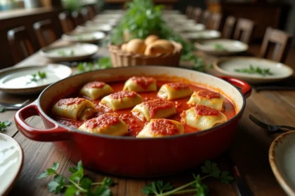 Grand plat de choux farcis mijotés en sauce tomate posé sur une table familiale rustique dressée pour une grande tablée