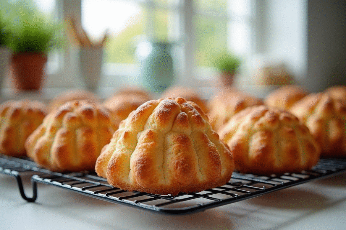 Choux craquelins croustillants sur un grille en cuisine lumineuse
