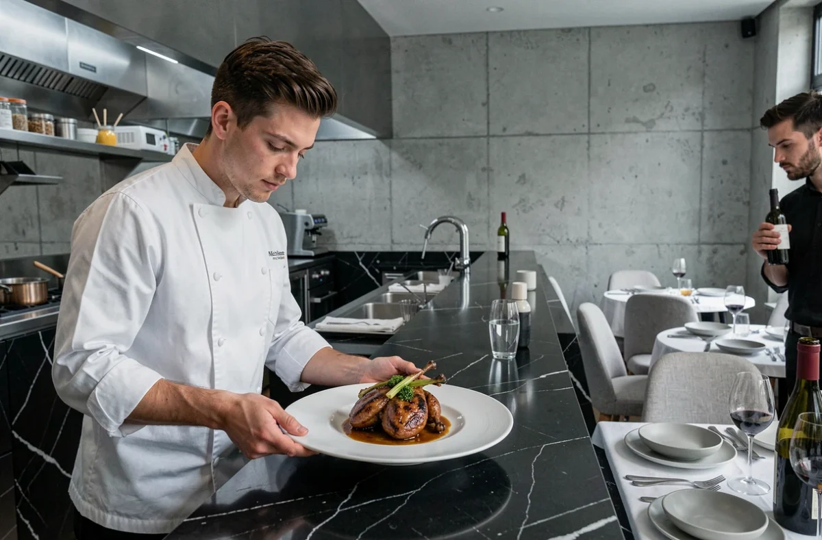 Chef du restaurant Circle présentant une assiette gastronomique dans son restaurant étoilé du 1er arrondissement de Lyon