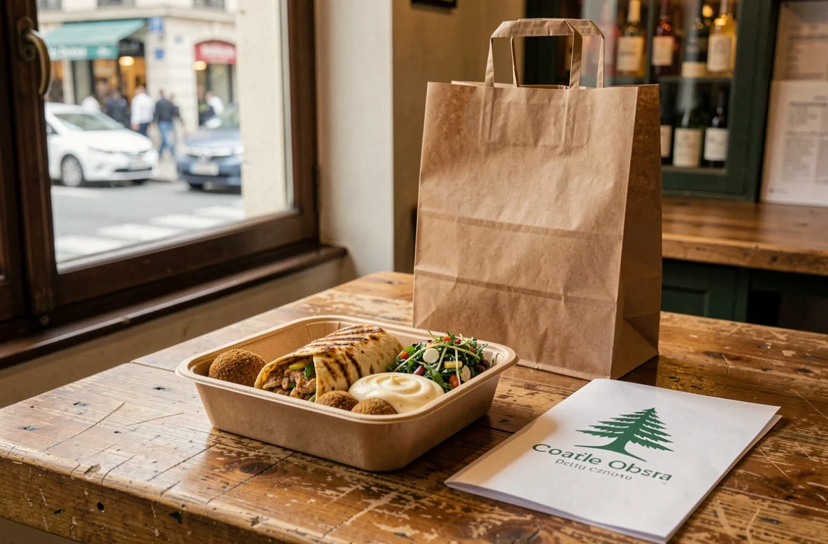 Commande à emporter libanaise avec shawarma et falafels dans un restaurant parisien rue Mouffetard