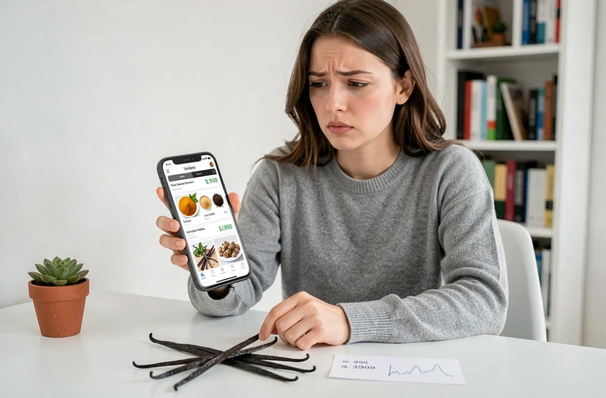 Jeune femme comparant les prix au kilo de la vanille sur smartphone pour éviter une arnaque