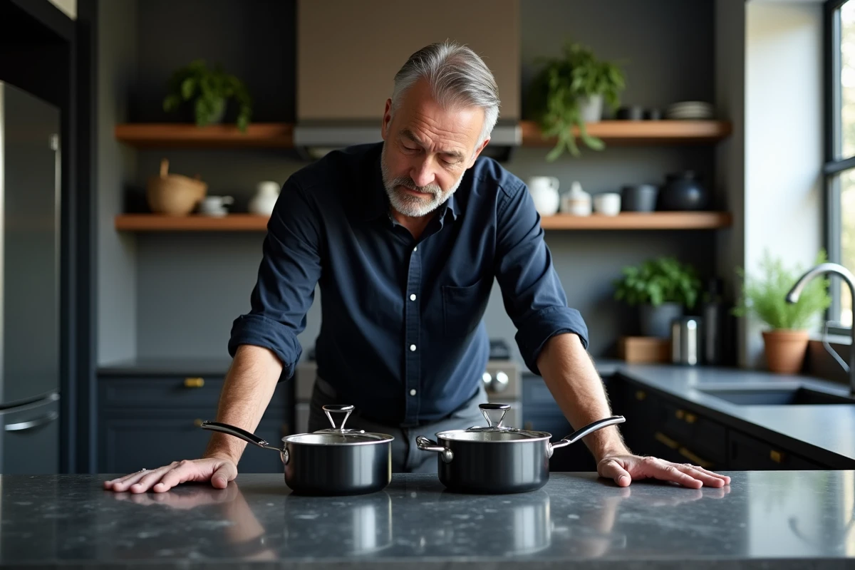 Homme comparant deux ustensiles Tyko sur un îlot de cuisine haut de gamme avec comptoir en pierre sombre