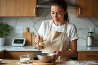 Femme en tablier mesurant 125g de liquide en centilitres avec une balance et un verre doseur dans une cuisine moderne