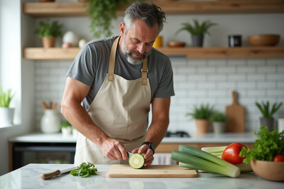 Homme coupant un poireau frais sur un plan de travail en marbre dans une cuisine moderne à domicile avec tablier en lin