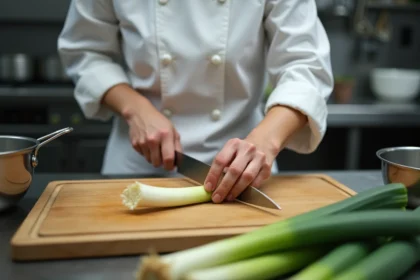 Cheffe cuisinière coupant un poireau avec technique de coupe précise sur planche en bois dans une cuisine professionnelle