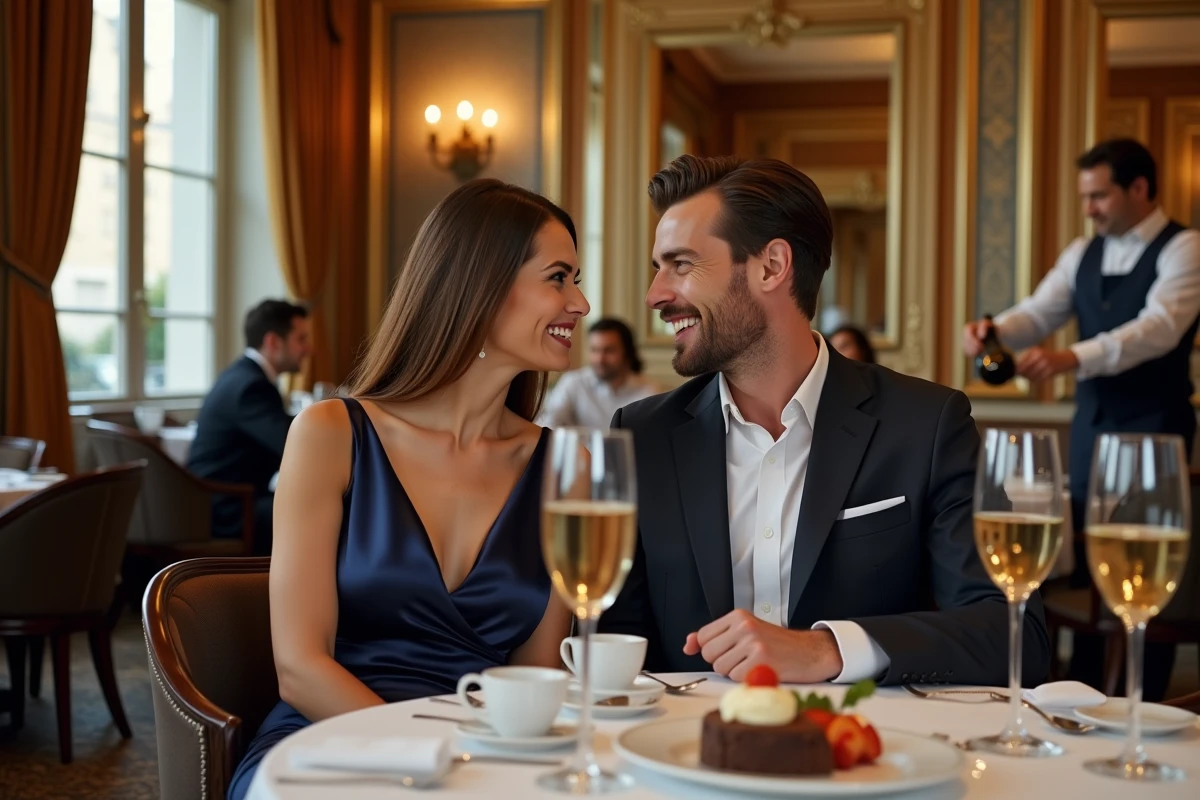 Couple élégant célébrant une grande occasion avec du champagne dans un restaurant gastronomique parisien au décor hausmannien