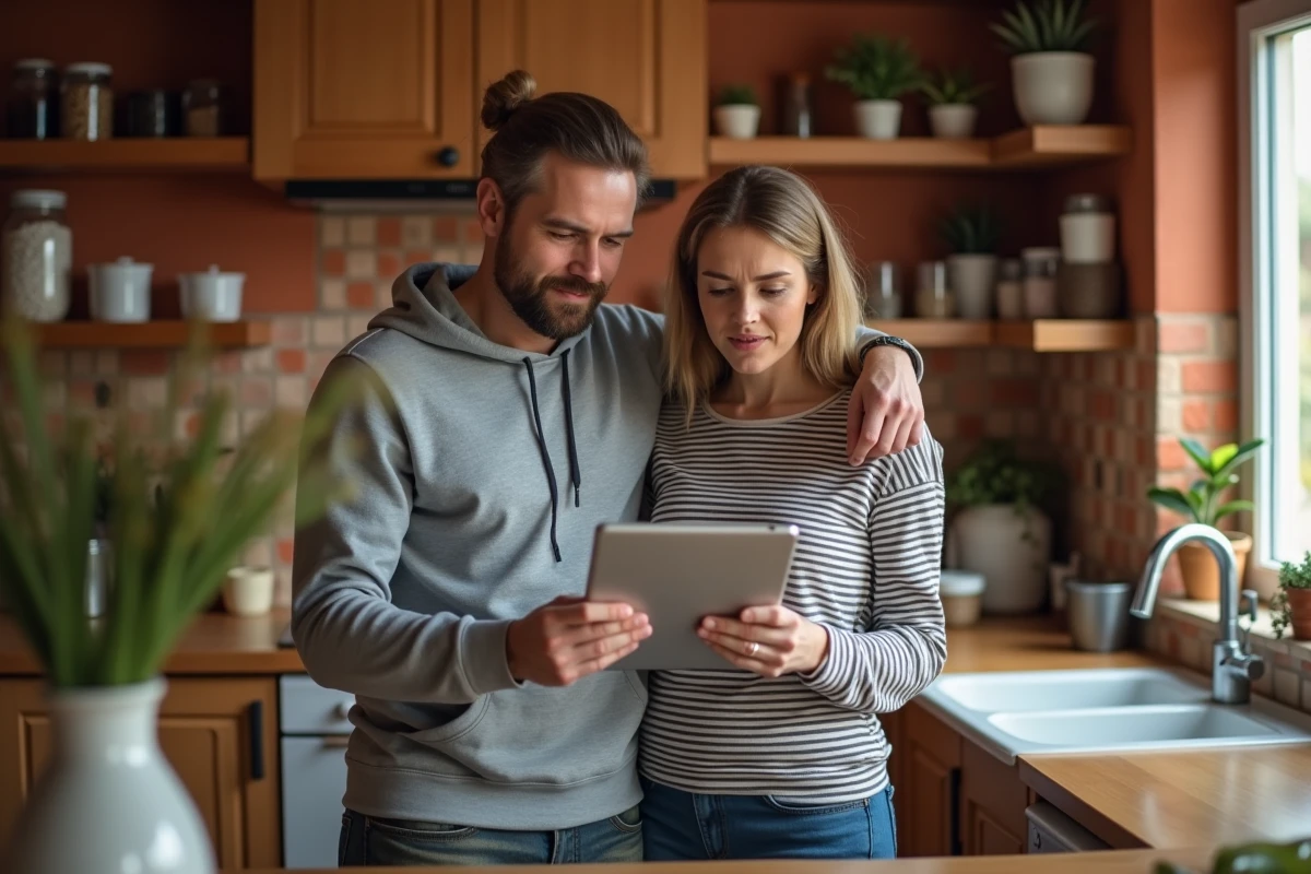Couple consultant un tutoriel Tyko sur tablette dans une cuisine familiale chaleureuse aux tons terracotta