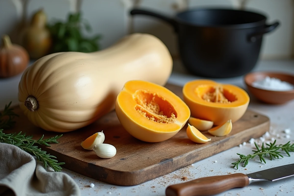 Courge longue de Nice entière et coupée en deux sur une planche en bois avec ail et thym frais pour préparer une soupe épaisse maison