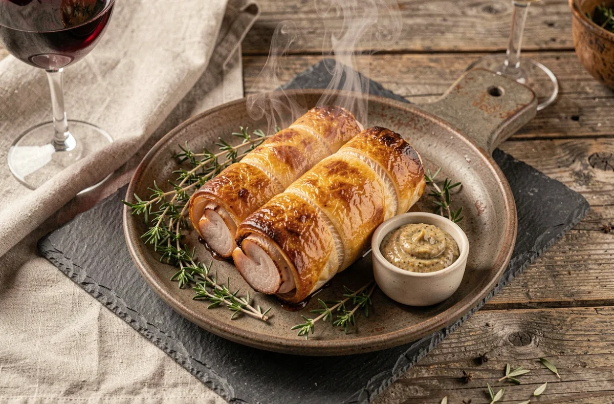 Crépinettes de porc dorées et moelleuses servies sur une ardoise avec du thym frais et de la moutarde à l'ancienne, ambiance cuisine de ferme française