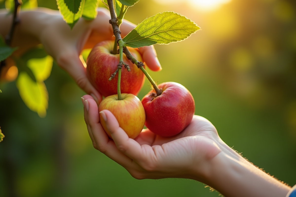Mains cueillant des fruits mûrs dans un verger ensoleille