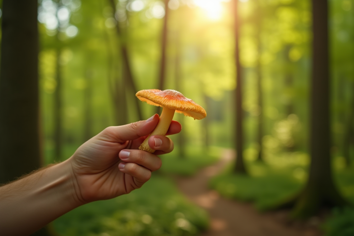 Main de cueilleur tenant une chanterelle dans une forêt ensoleillée