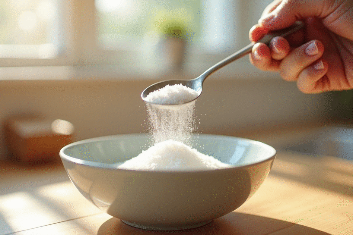 Main tenant une cuillère en inox au-dessus d'un bol de sucre blanc