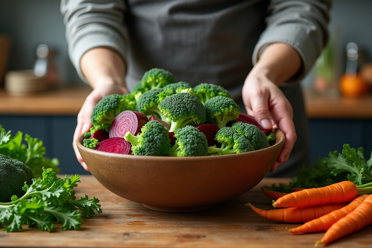 Main mélangeant légumes frais dans un bol en céramique