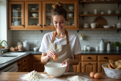 Femme en cuisine préparant un gâteau dans une ambiance chaleureuse