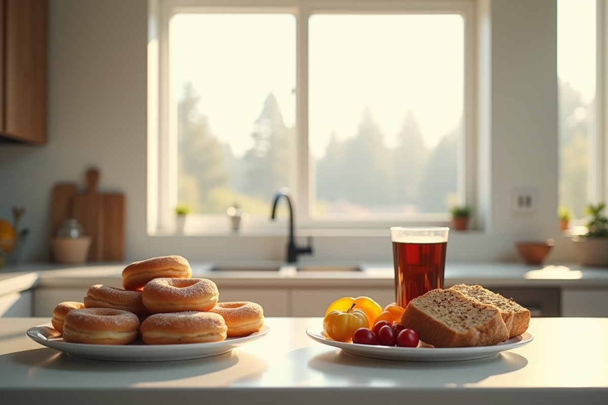 Plan de cuisine avec deux assiettes contrastées de petit déjeuner