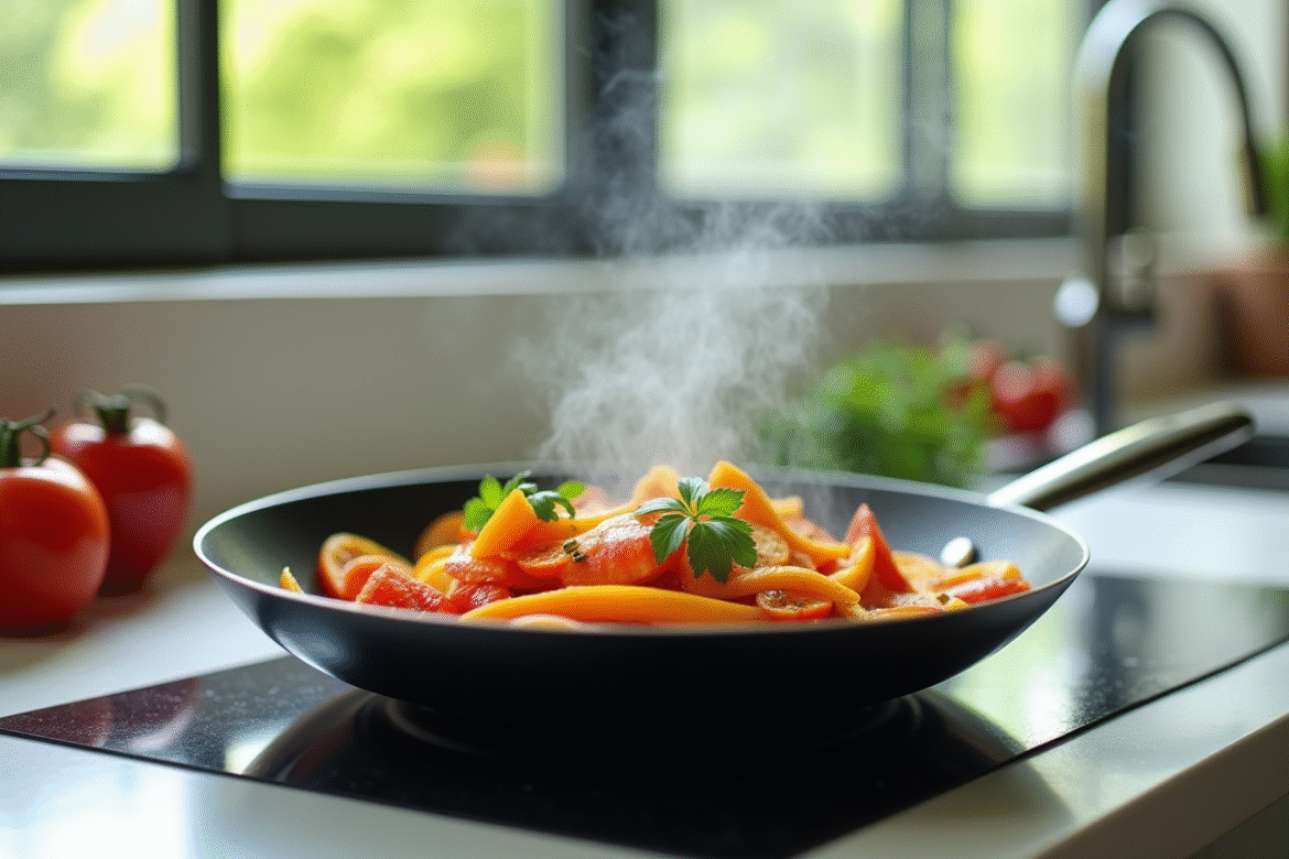 Cuisine moderne avec poêle antiadhésive et légumes frais sautés