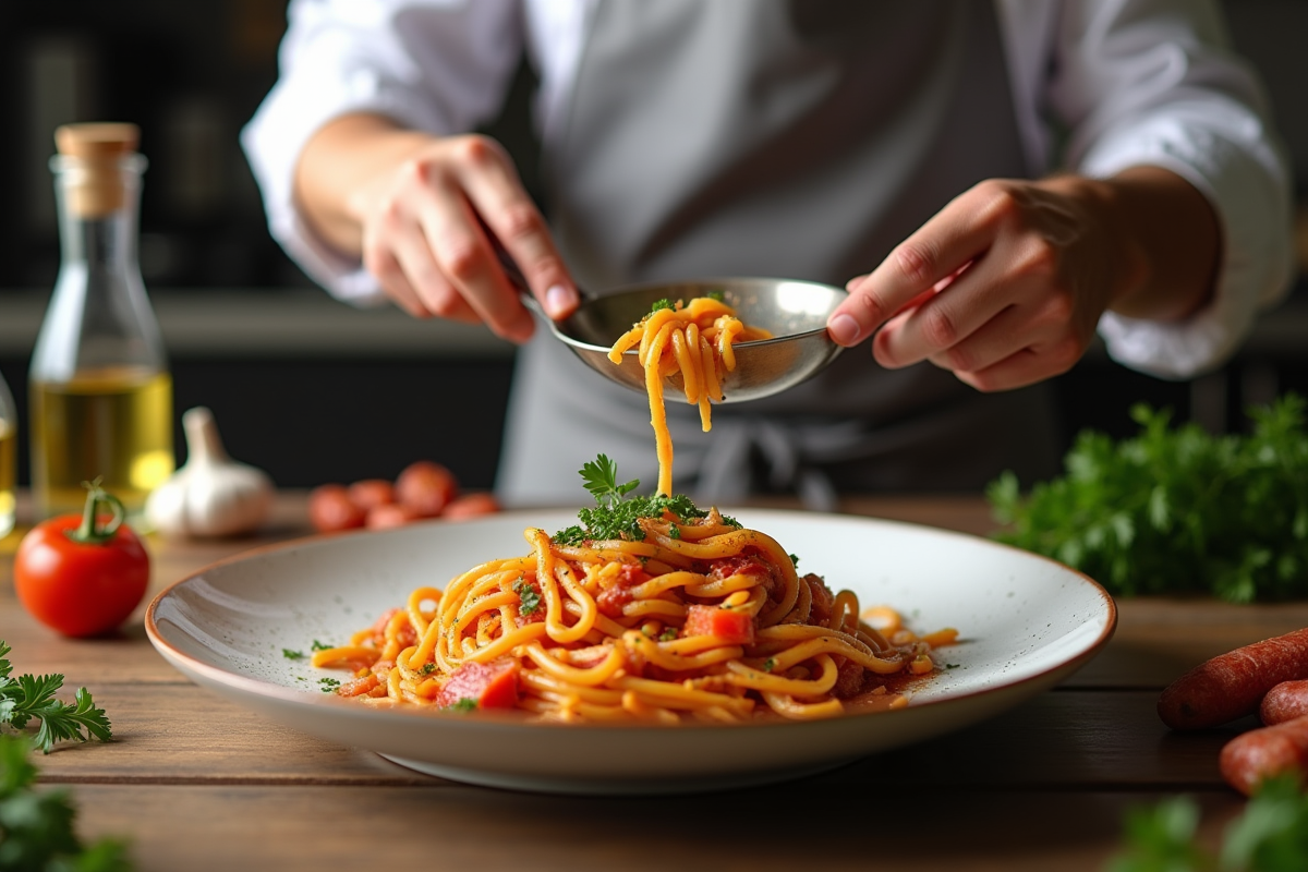 Chef préparant des pâtes au chorizo dans une cuisine moderne