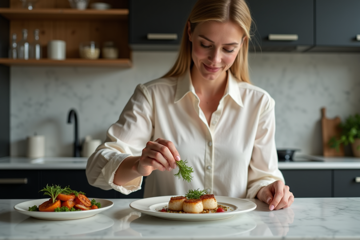 Femme élégante préparant des coquilles Saint-Jacques dans une cuisine moderne