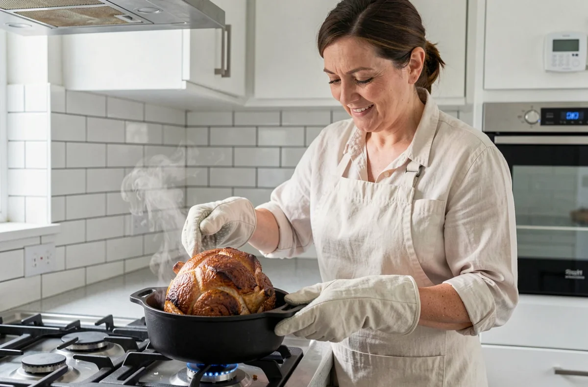 Cuisinière sortant un rôti Orloff doré d'une cocotte en fonte dans une cuisine moderne