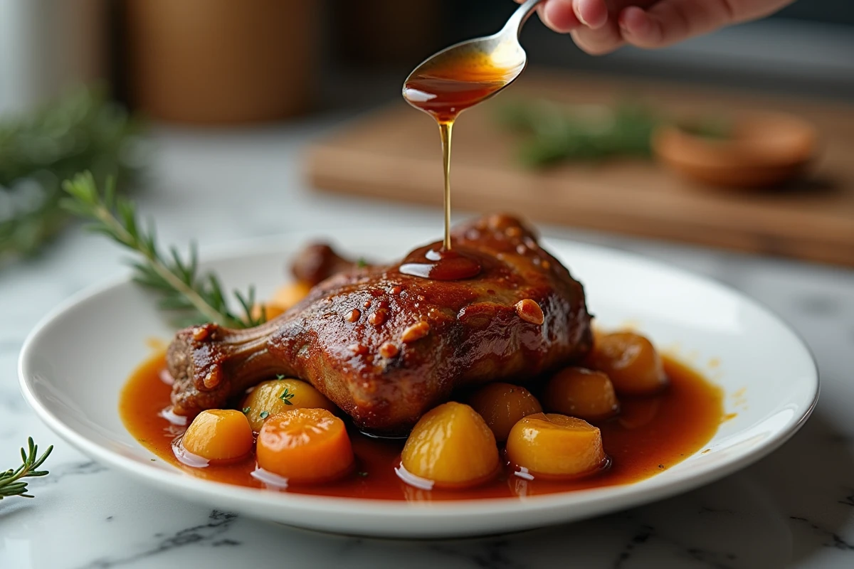 Gros plan d'une cuisse de canard braisée nappée de jus avec légumes glacés servis dans une assiette creuse