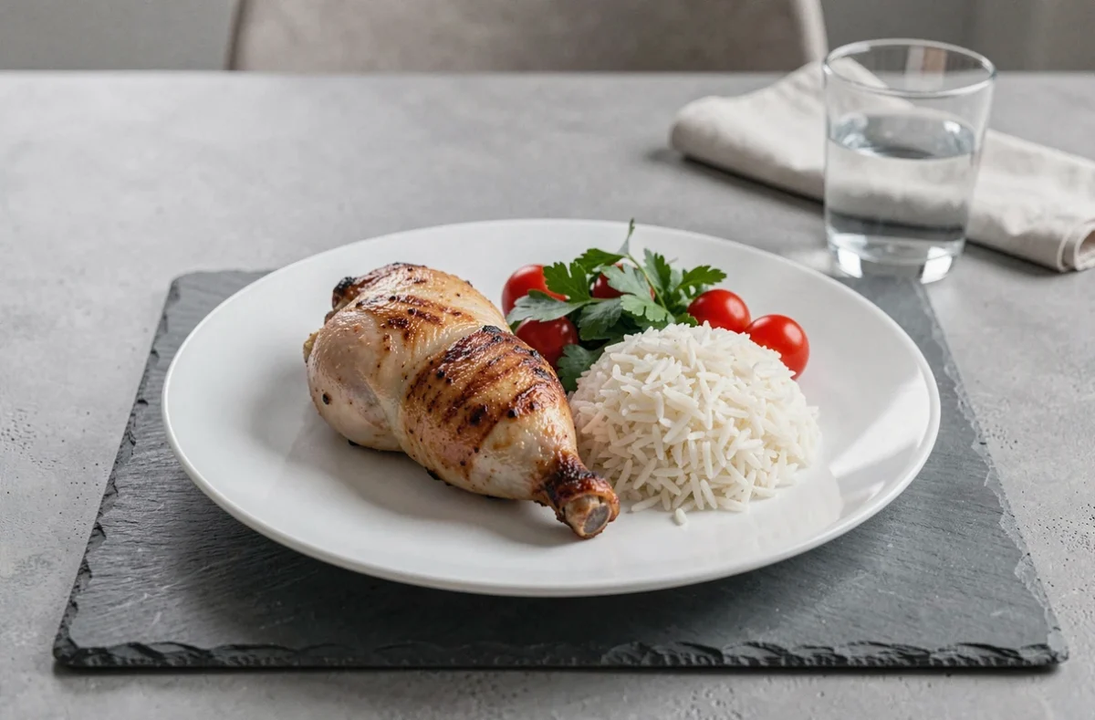 Cuisse de poulet sans peau façon rôtisserie servie avec riz basmati et salade fraîche sur une table épurée aux tons neutres