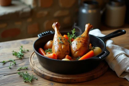 Cuisses de canard dorées dans une cocotte en fonte avec légumes de saison carottes et navets sur table en bois rustique