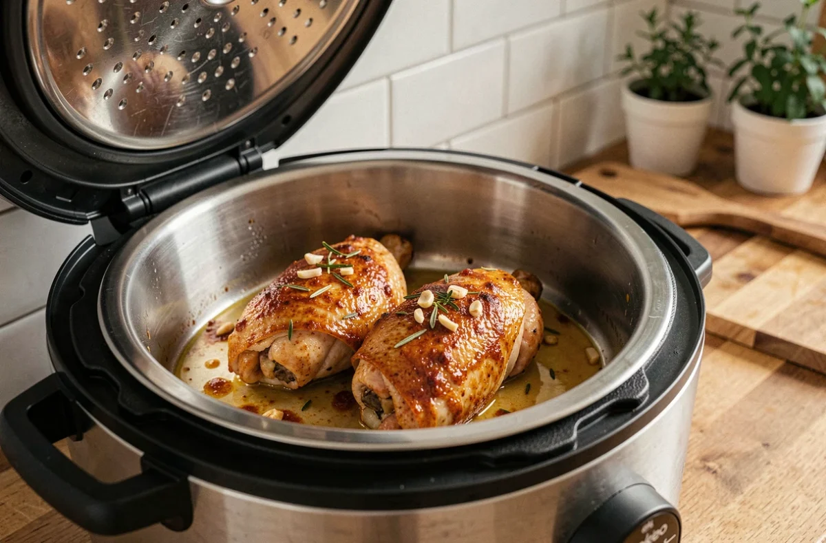 Cuisses de poulet marinées dans le bol ouvert d'un Cookeo, avec jus de cuisson doré et herbes aromatiques visibles, dans une cuisine moderne