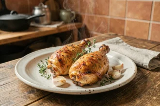 Cuisses de poulet dorées façon rôtisserie sur une assiette en céramique rustique, garnies de thym frais et d'ail rôti, dans une cuisine campagnarde française