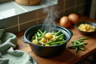 Cocotte minute ouverte avec haricots verts et pommes de terre cuits à la vapeur sur un plan de travail en cuisine rustique