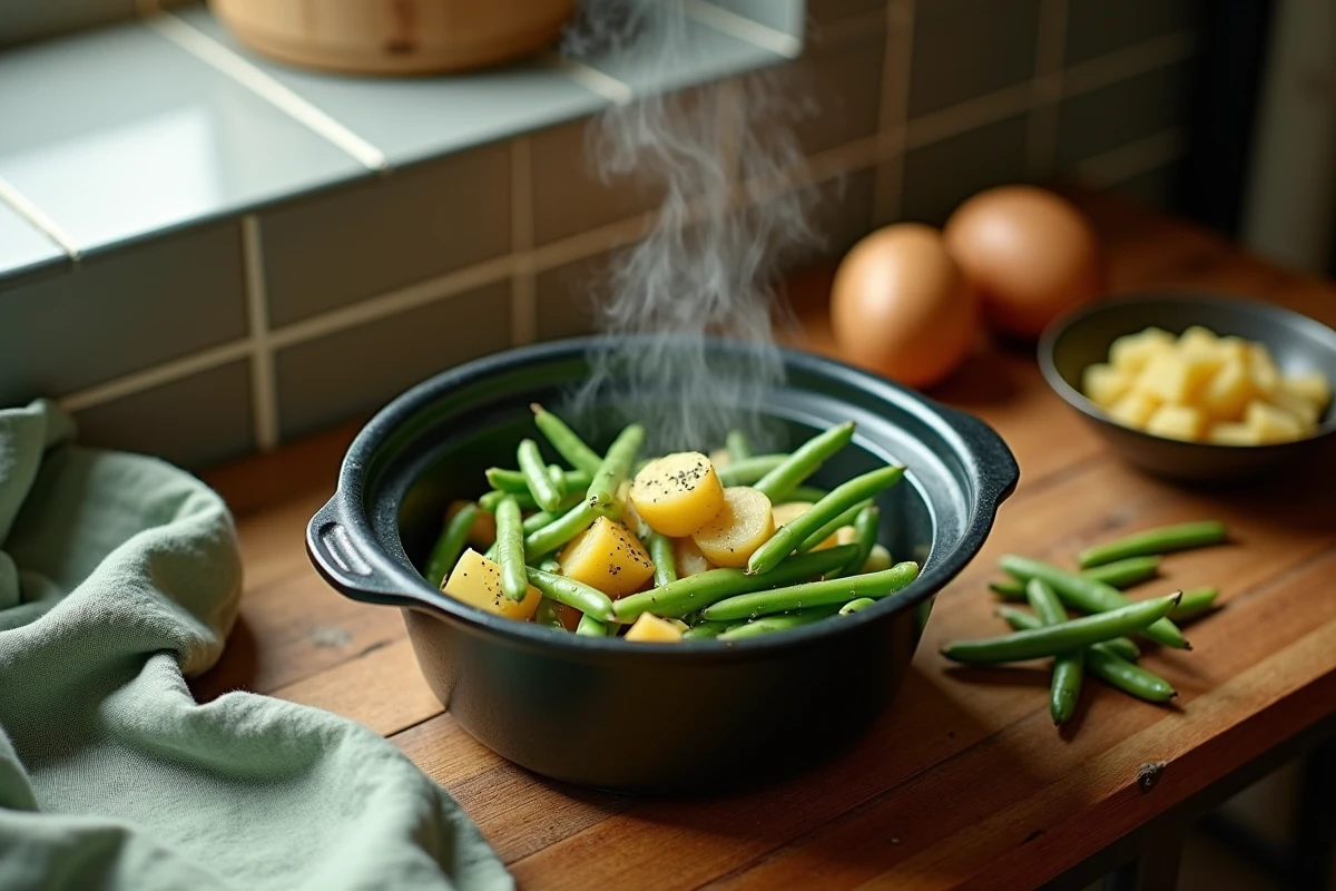 Cocotte minute ouverte avec haricots verts et pommes de terre cuits à la vapeur sur un plan de travail en cuisine rustique