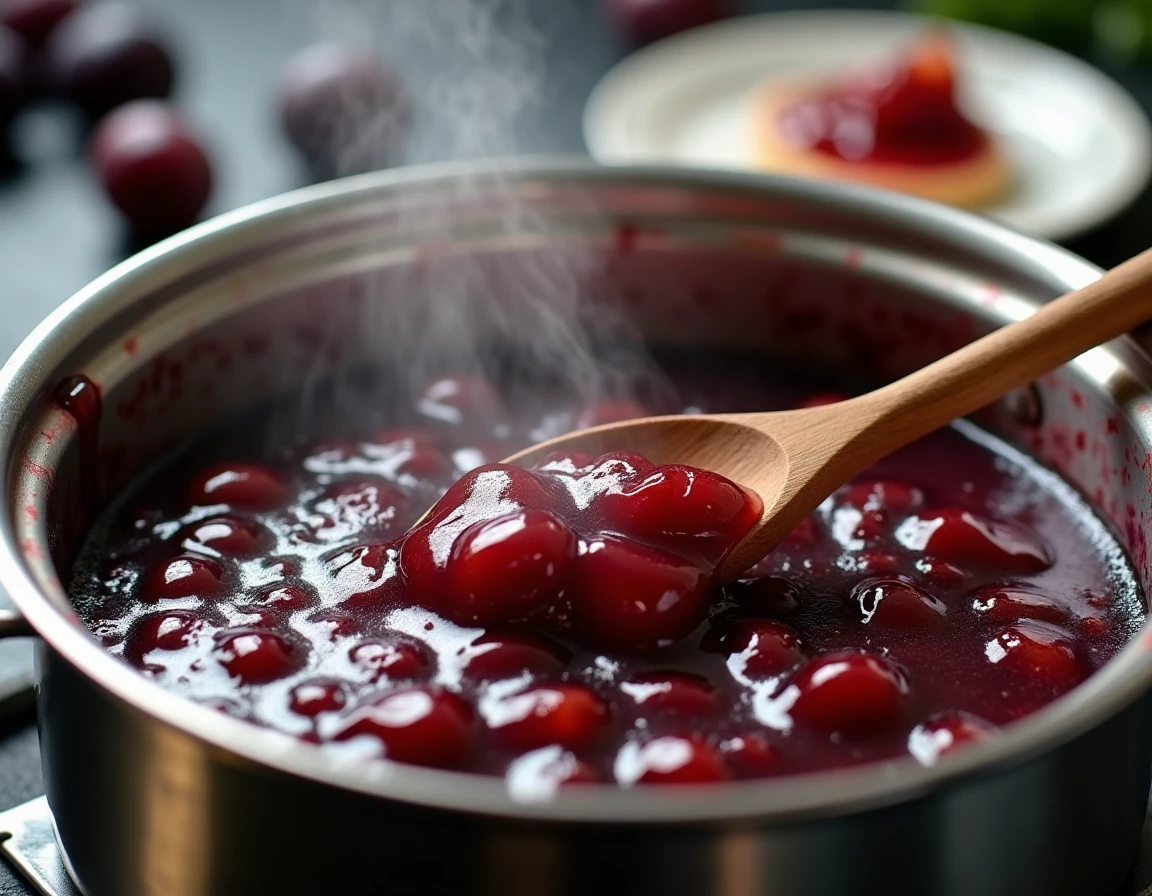 Confiture de prunes en train de cuire dans une casserole avec une texture brillante et épaisse et un test de gélification sur assiette froide