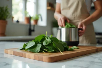 Femme préparant des épinards frais avant cuisson dans un Cookeo sur un plan de travail en marbre blanc